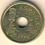 Peseta - 25 Pesetas - Spain - 1998 - Copper-Zinc-Nickel - KM# 990 - 19,5 mm - Subject: Ceuta Obv: Center hole right of ornamented building corner Rev: Center hole divides statue on wall shelf and value - 0